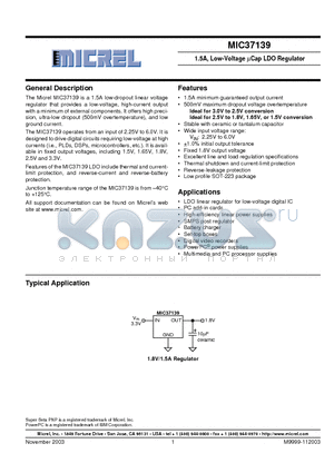 MIC37139 datasheet - 1.5A, LOW VOLTAGE UCAP LDO REGULATOR