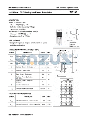 TIP135 datasheet - isc Silicon PNP Darlington Power Transistor