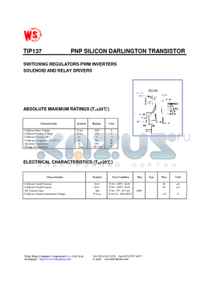 TIP137 datasheet - PNP SILICON DARLINGTON TRANSISTOR(SWITCHING REGULATORS PWM INVERTERS SOLENOID AND RELAY DRIVERS)