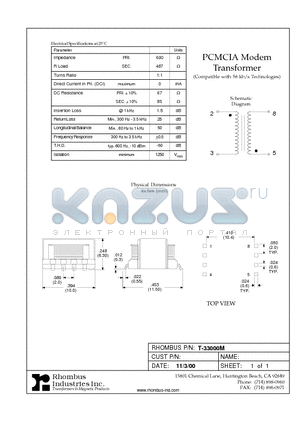 T-33000M datasheet - PCMCIA Modem Transformer