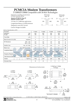T-33001 datasheet - PCMCIA Modem Transformers