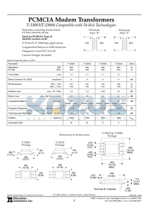 T-33003 datasheet - PCMCIA Modem Transformers