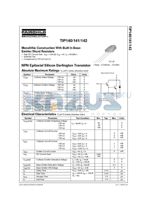 TIP140 datasheet - Monolithic Construction With Built In Base- Emitter Shunt Resistors