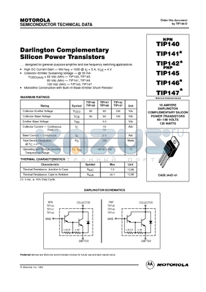 TIP140 datasheet - 10 AMPERE DARLINGTON COMPLEMENTARY SILICON POWER TRANSISTORS