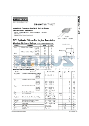 TIP140T datasheet - Monolithic Construction With Built In Base- Emitter Shunt Resistors