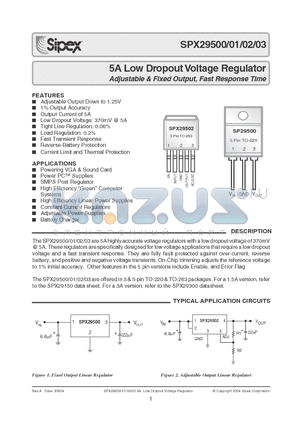 SPX29500T-2.5 datasheet - 5A Low Dropout Voltage Regulator Adjustable & Fixed Output, Fast Response Time