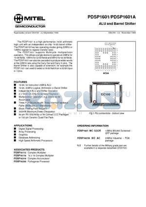 PDSP1601A datasheet - ALU and Barrel Shifter