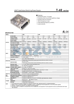 T-40A datasheet - 40W Triple Output Switching Power Supply