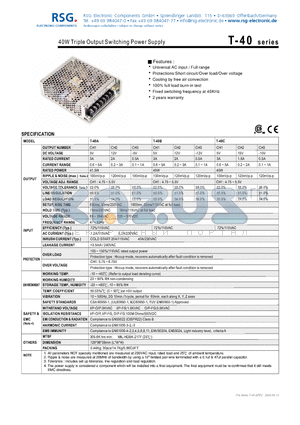 T-40A datasheet - 40W Triple Output Switching Power Supply