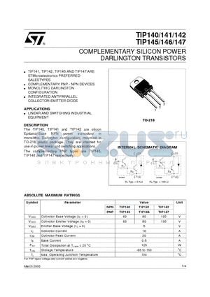 TIP142 datasheet - COMPLEMENTARY SILICON POWER DARLINGTON TRANSISTORS