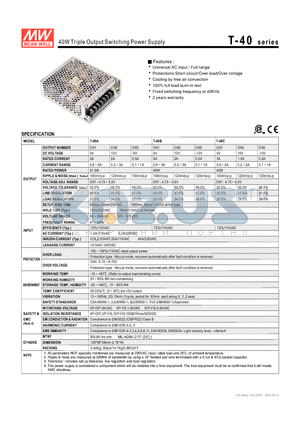 T-40C datasheet - 40W Triple Output Switching Power Supply