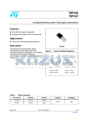 TIP142 datasheet - Complementary power Darlington transistors