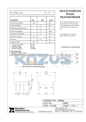 T-50111 datasheet - MULTI-PURPOSE PULSE TRANSFORMER