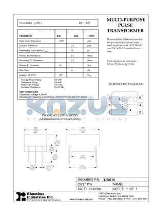 T-50118 datasheet - MULTI-PURPOSE PULSE TRANSFORMER