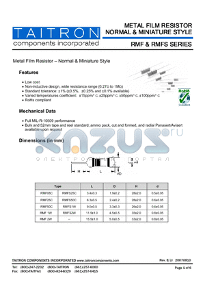 RMF1W datasheet - Metal Film Resistor  Normal & Miniature Style