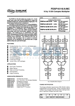 PDSP16256 datasheet - 16 by 16 Bit Complex Multiplier