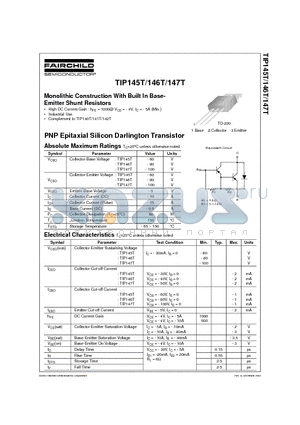 TIP145T datasheet - Monolithic Construction With Built In Base-Emitter Shunt Resistors