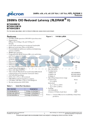 MT49H8M36 datasheet - 288Mb CIO Reduced Latency