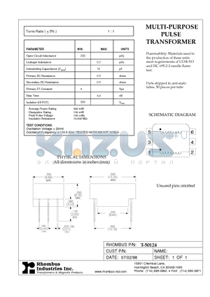 T-50124 datasheet - MULTI-PURPOSE PULSE TRANSFORMER