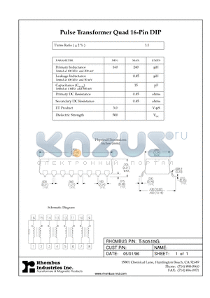 T-50515G datasheet - Pulse Transformer Quad 16-Pin DIP