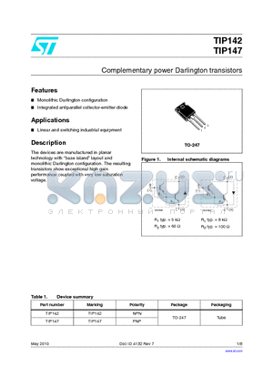 TIP147 datasheet - Complementary power Darlington transistors