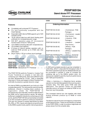 PDSP16330 datasheet - Stand Alone FFT Processor