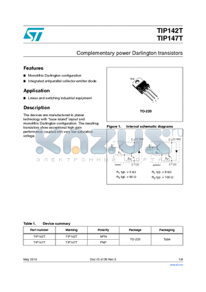 TIP147T datasheet - Complementary power Darlington transistors