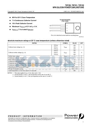 TIP151 datasheet - NPN SILICON POWER DARLINGTONS