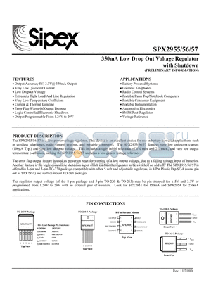 SPX2957T3 datasheet - 350mA Low Drop Out Voltage Regulator with Shutdown