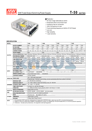 T-50A datasheet - 50W Triple Output Switching Power Supply
