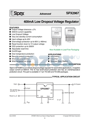 SPX2967 datasheet - 400mA Low Dropout Voltage Regulator