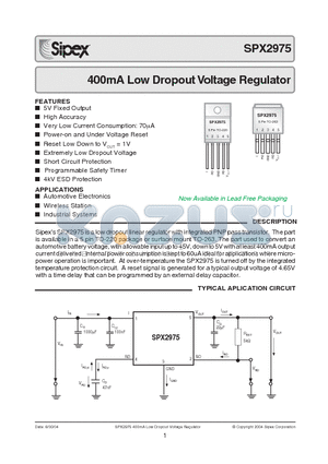 SPX2975 datasheet - 400mA Low Dropout Voltage Regulator