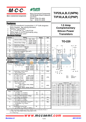 TIP29 datasheet - 1.0 Amp Complementary Silicon Power Transistors