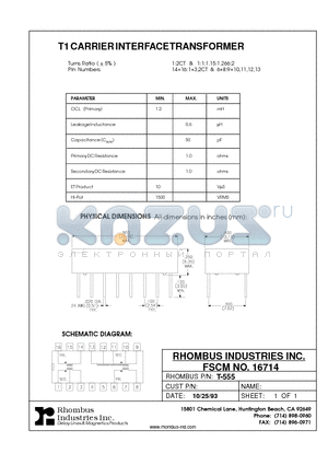 T-555 datasheet - T1 CARRIER INTERFACE TRANSFORMER