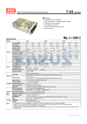 T-60 datasheet - 60W Triple Output Switching Power Supply