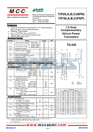 TIP29A datasheet - 1.0 Amp Complementary Silicon Power Transistors