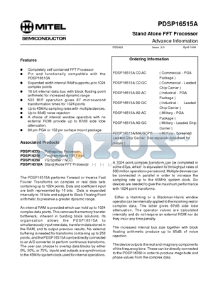 PDSP16515AB0GC datasheet - Stand Alone FFT Processor