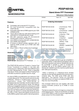 PDSP16515AC0AC datasheet - Stand Alone FFT Processor