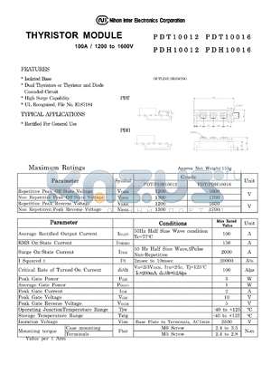 PDT10016 datasheet - THYRISTOR MODULE 100A/1200 to 1600V