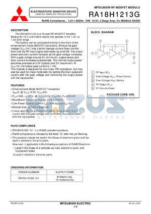 RA18H1213G-101 datasheet - RoHS Compliance , 1.24-1.30GHz 18W 12.5V, 3 Stage Amp. For MOBILE RADIO