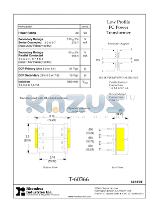 T-60366 datasheet - Low Profile PC Power Transformer