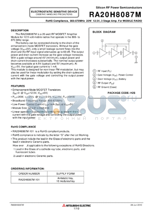 RA20H8087M datasheet - 806-870MHz 20W 12.5V, 3 Stage Amp. For MOBILE RADIO