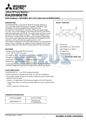 RA20H8087M-101 datasheet - RoHS Compliance, 806-870MHz 20W 12.5V, 3 Stage Amp. For MOBILE RADIO