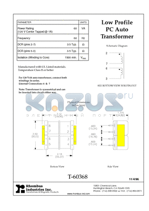 T-60368 datasheet - Low Profile PC Auto Transformer