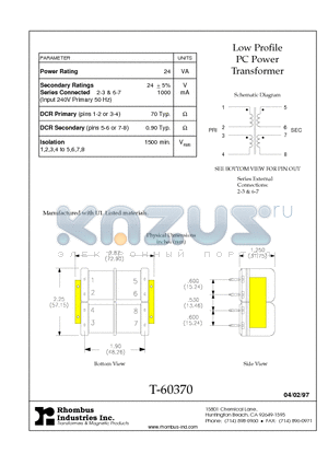 T-60370 datasheet - Low Profile PC Power Transformer