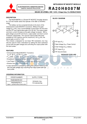 RA20H8087M-E01 datasheet - 806-825/ 851-870MHz 20W 12.5V, 3 Stage Amp. For MOBILE RADIO