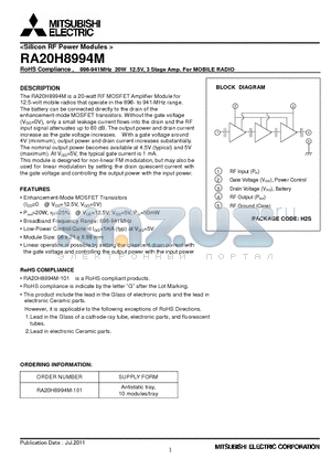 RA20H8994M datasheet - RoHS Compliance , 896-941MHz 20W 12.5V, 3 Stage Amp. For MOBILE RADIO