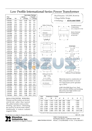 T-61004 datasheet - Low Profile International Series Power Transformer