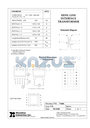T-664 datasheet - HDSL LINE INTERFACE TRANSFORMER