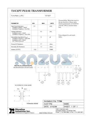 T-706 datasheet - T1/CEPT PULSE TRANSFORMER